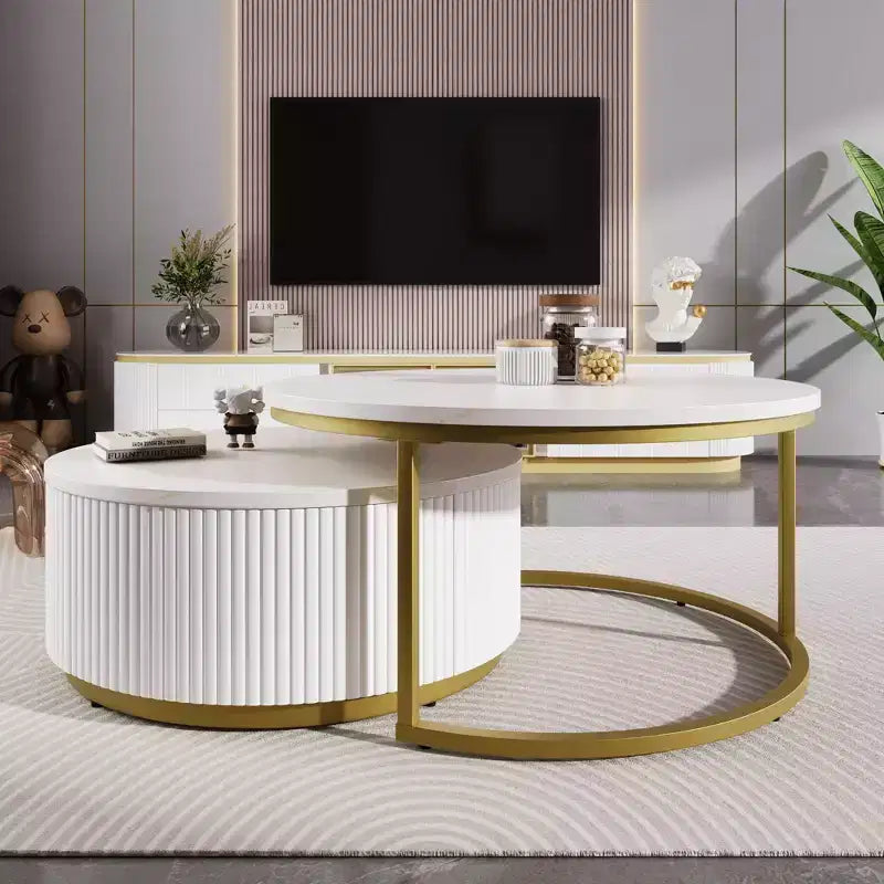 Ensemble de 2 tables basses modernes gigognes, table d'appoint ronde cannelée pour salon, table d'appoint avec tiroir de rangement