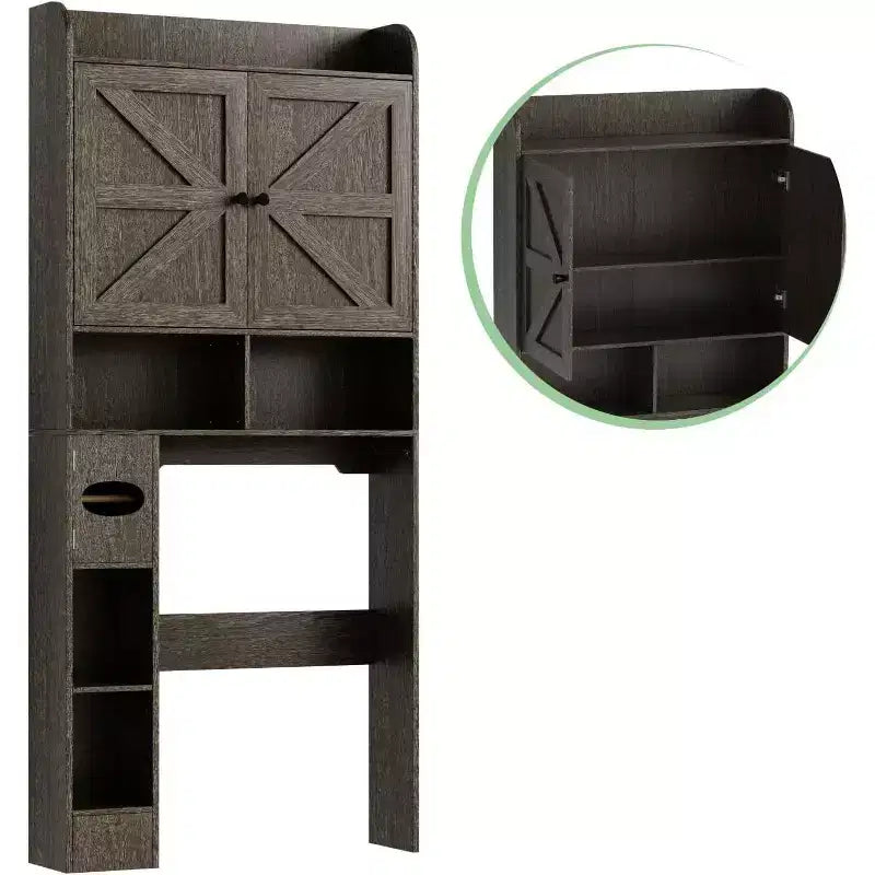 Armario para baño, para colocar sobre el inodoro y la lavadora, con puerta de granero, portarrollos de papel higiénico y barra inferior ajustable