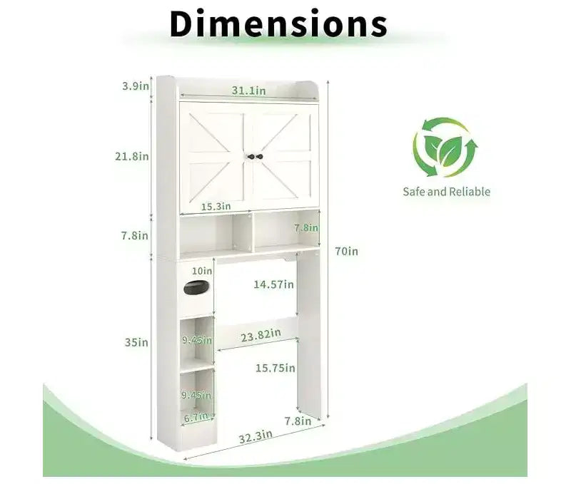 Armario para baño, para colocar sobre el inodoro y la lavadora, con puerta de granero, portarrollos de papel higiénico y barra inferior ajustable