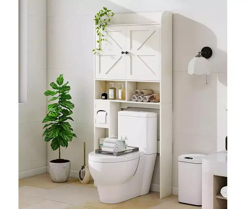 Armario para baño, para colocar sobre el inodoro y la lavadora, con puerta de granero, portarrollos de papel higiénico y barra inferior ajustable