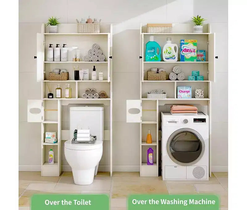 Armario para baño, para colocar sobre el inodoro y la lavadora, con puerta de granero, portarrollos de papel higiénico y barra inferior ajustable