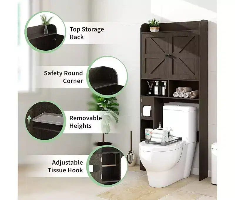 Armario para baño, para colocar sobre el inodoro y la lavadora, con puerta de granero, portarrollos de papel higiénico y barra inferior ajustable