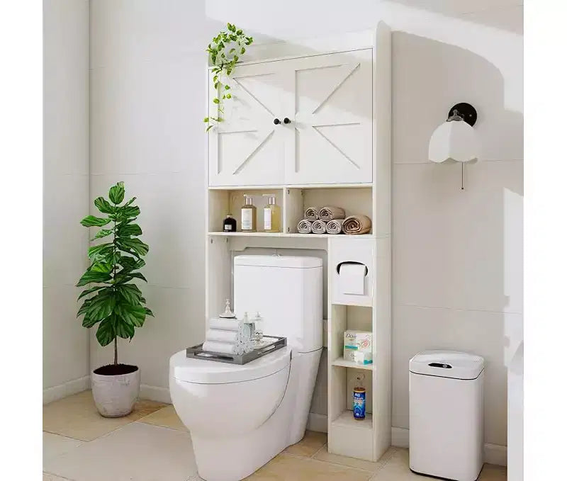 Meuble de rangement pour salle de bains et toilettes, à placer au-dessus de la machine à laver, avec porte de grange, porte-papier toilette et barre inférieure réglable
