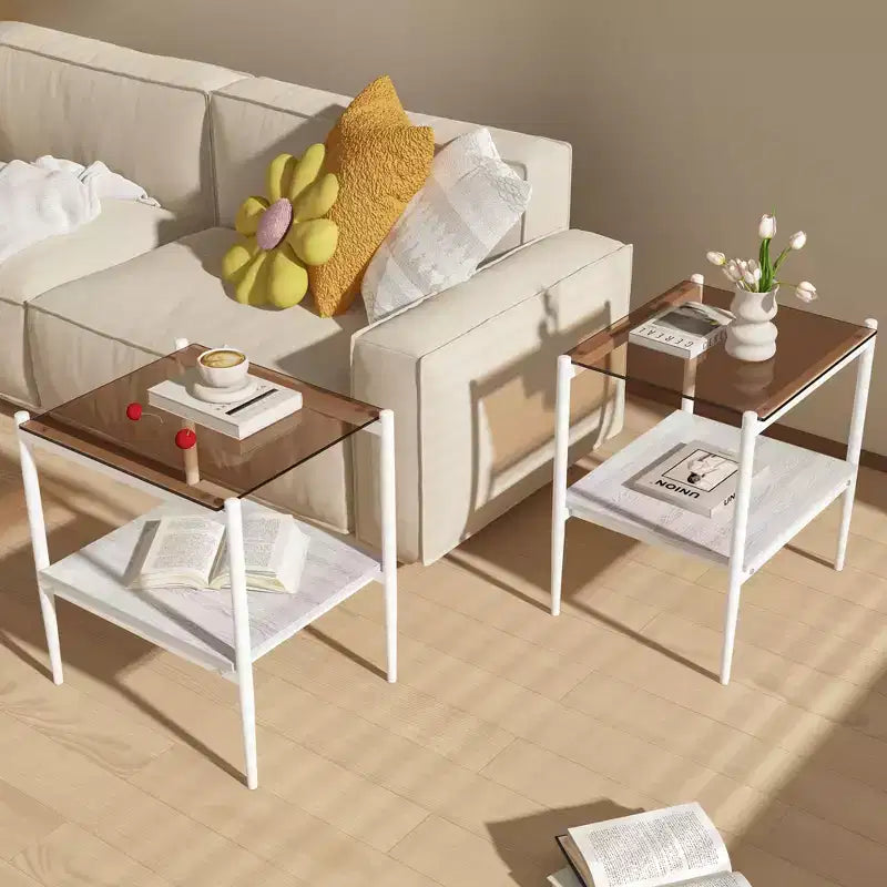 Elegante mesa de centro de vidrio templado de bordes lisos, 2 piezas, mesa auxiliar rectangular moderna con estante abierto para salas pequeñas