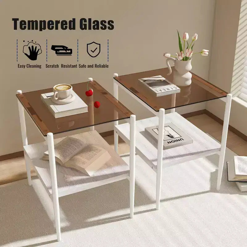 Elegante mesa de centro de vidrio templado de bordes lisos, 2 piezas, mesa auxiliar rectangular moderna con estante abierto para salas pequeñas