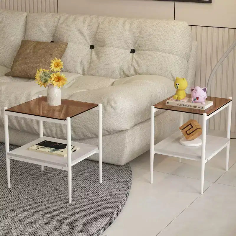 Elegante mesa de centro de vidrio templado de bordes lisos, 2 piezas, mesa auxiliar rectangular moderna con estante abierto para salas pequeñas