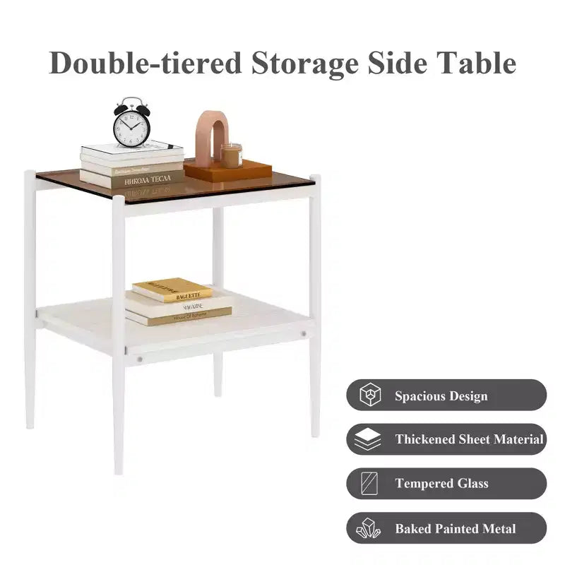 Elegante mesa de centro de vidrio templado de bordes lisos, 2 piezas, mesa auxiliar rectangular moderna con estante abierto para salas pequeñas