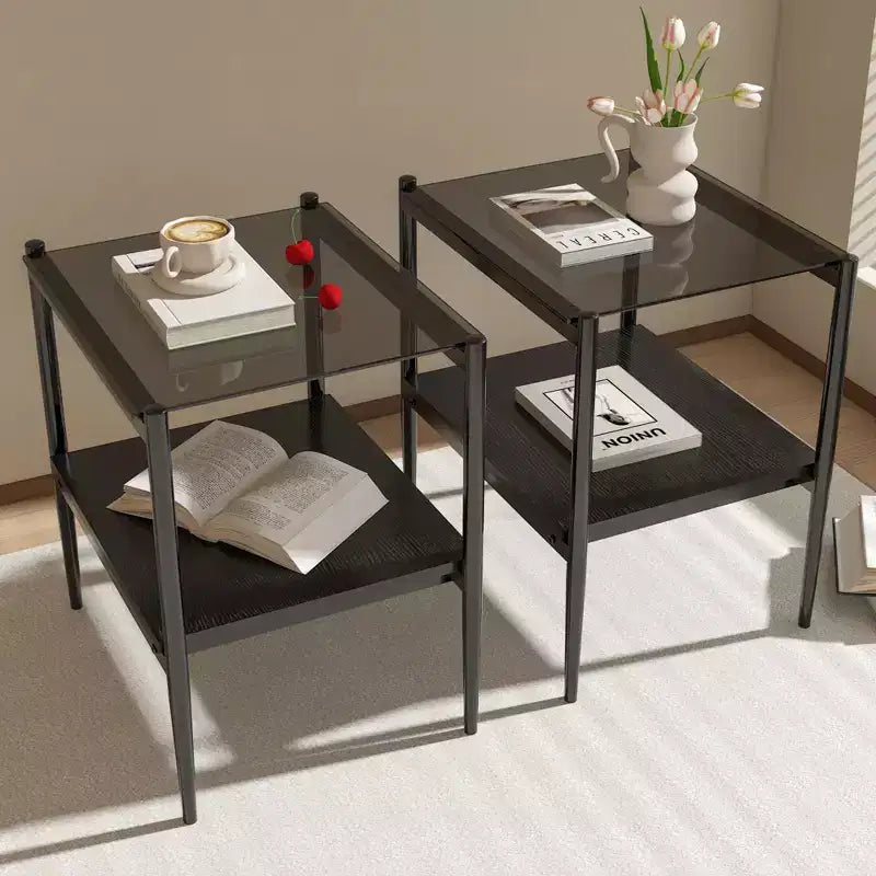 Elegante mesa de centro de vidrio templado de bordes lisos, 2 piezas, mesa auxiliar rectangular moderna con estante abierto para salas pequeñas