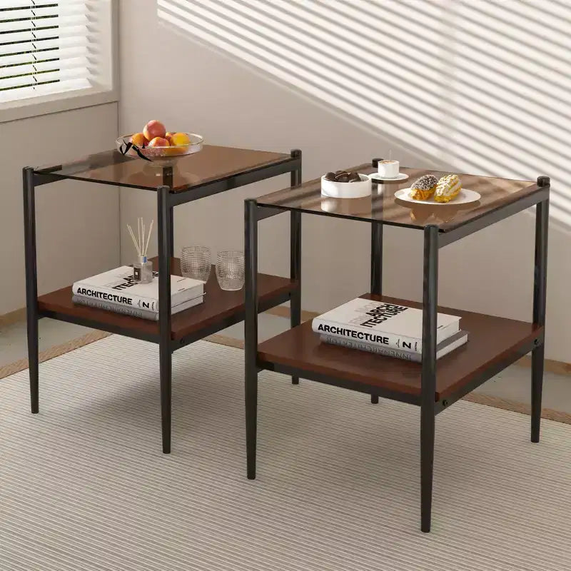 Table basse élégante en verre trempé à bords lisses, 2 pièces, table d’appoint rectangulaire moderne avec étagère ouverte pour petit salon