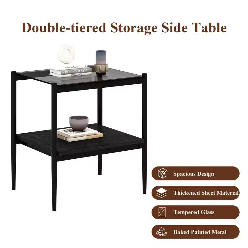 Elegante mesa de centro de vidrio templado de bordes lisos, 2 piezas, mesa auxiliar rectangular moderna con estante abierto para salas pequeñas