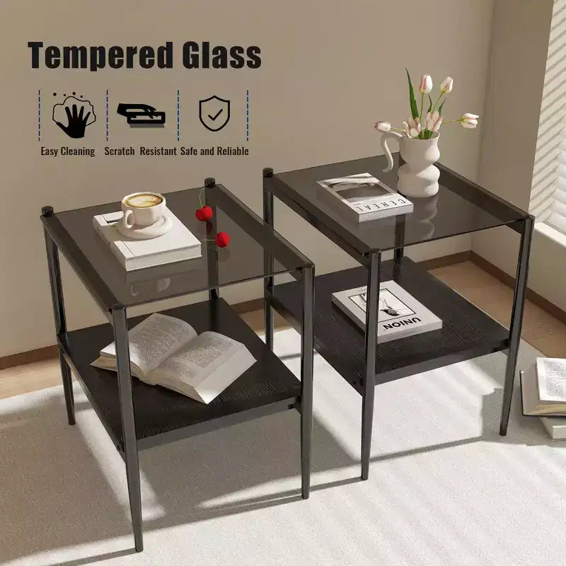 Elegante mesa de centro de vidrio templado de bordes lisos, 2 piezas, mesa auxiliar rectangular moderna con estante abierto para salas pequeñas