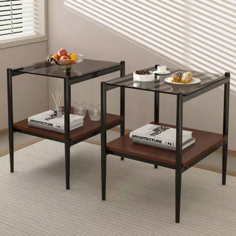Elegante mesa de centro de vidrio templado de bordes lisos, 2 piezas, mesa auxiliar rectangular moderna con estante abierto para salas pequeñas