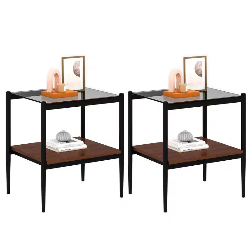 Elegante mesa de centro de vidrio templado de bordes lisos, 2 piezas, mesa auxiliar rectangular moderna con estante abierto para salas pequeñas