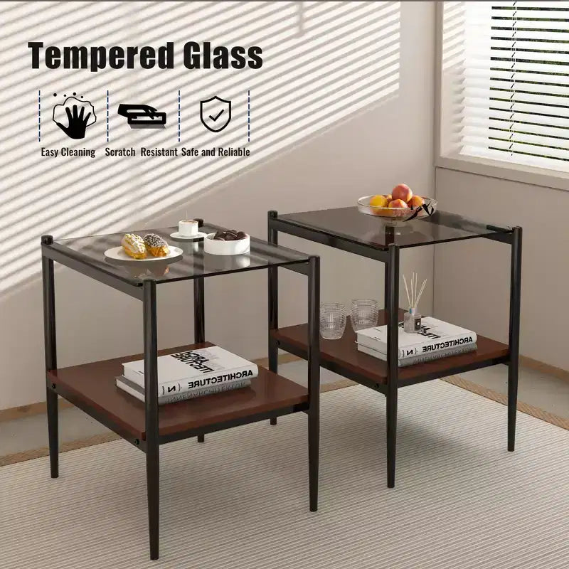 Elegante mesa de centro de vidrio templado de bordes lisos, 2 piezas, mesa auxiliar rectangular moderna con estante abierto para salas pequeñas
