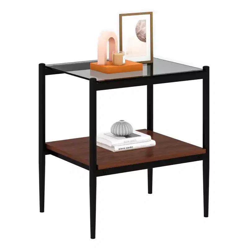 Elegante mesa de centro de vidrio templado de bordes lisos, 2 piezas, mesa auxiliar rectangular moderna con estante abierto para salas pequeñas