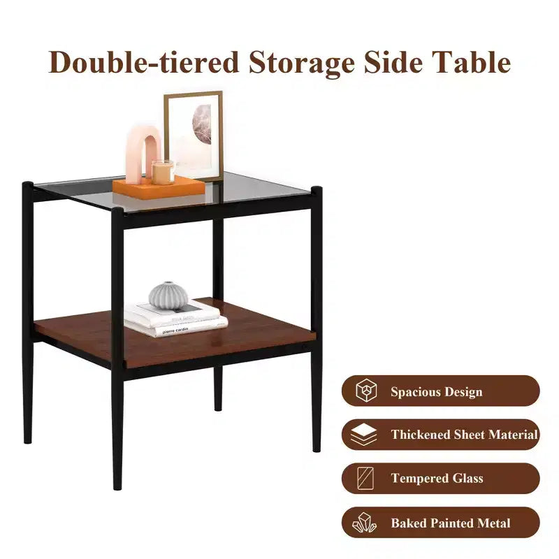 Elegante mesa de centro de vidrio templado de bordes lisos, 2 piezas, mesa auxiliar rectangular moderna con estante abierto para salas pequeñas
