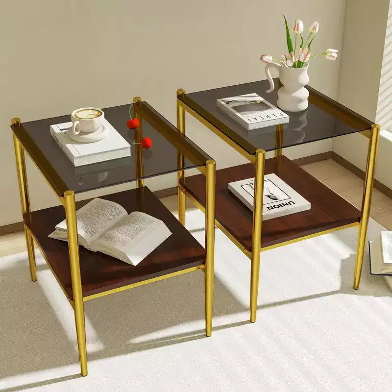 Elegante mesa de centro de vidrio templado de bordes lisos, 2 piezas, mesa auxiliar rectangular moderna con estante abierto para salas pequeñas