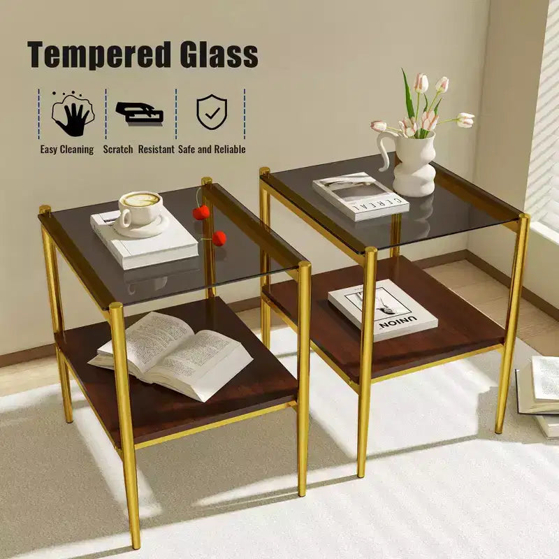 Elegante mesa de centro de vidrio templado de bordes lisos, 2 piezas, mesa auxiliar rectangular moderna con estante abierto para salas pequeñas