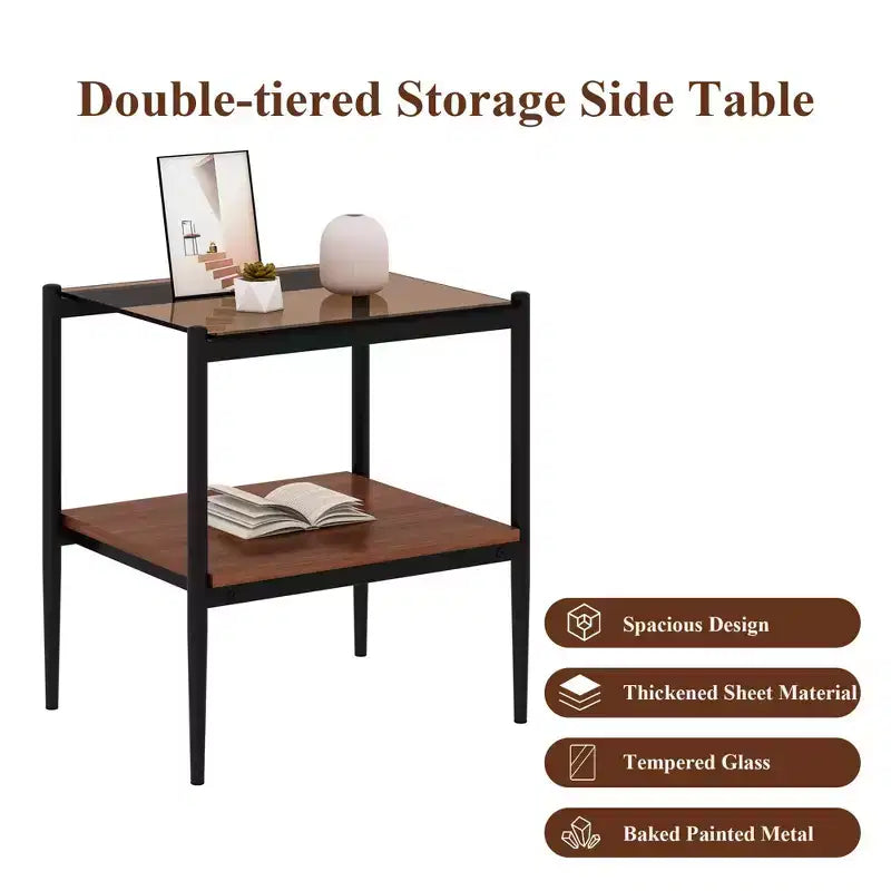 Elegante mesa de centro de vidrio templado de bordes lisos, 2 piezas, mesa auxiliar rectangular moderna con estante abierto para salas pequeñas