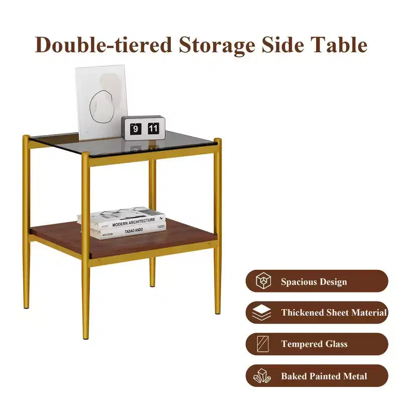 Elegante mesa de centro de vidrio templado de bordes lisos, 2 piezas, mesa auxiliar rectangular moderna con estante abierto para salas pequeñas