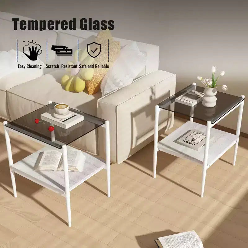 Elegante mesa de centro de vidrio templado de bordes lisos, 2 piezas, mesa auxiliar rectangular moderna con estante abierto para salas pequeñas