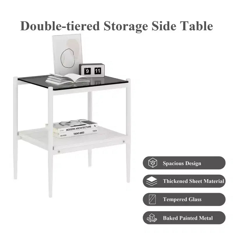 Elegante mesa de centro de vidrio templado de bordes lisos, 2 piezas, mesa auxiliar rectangular moderna con estante abierto para salas pequeñas