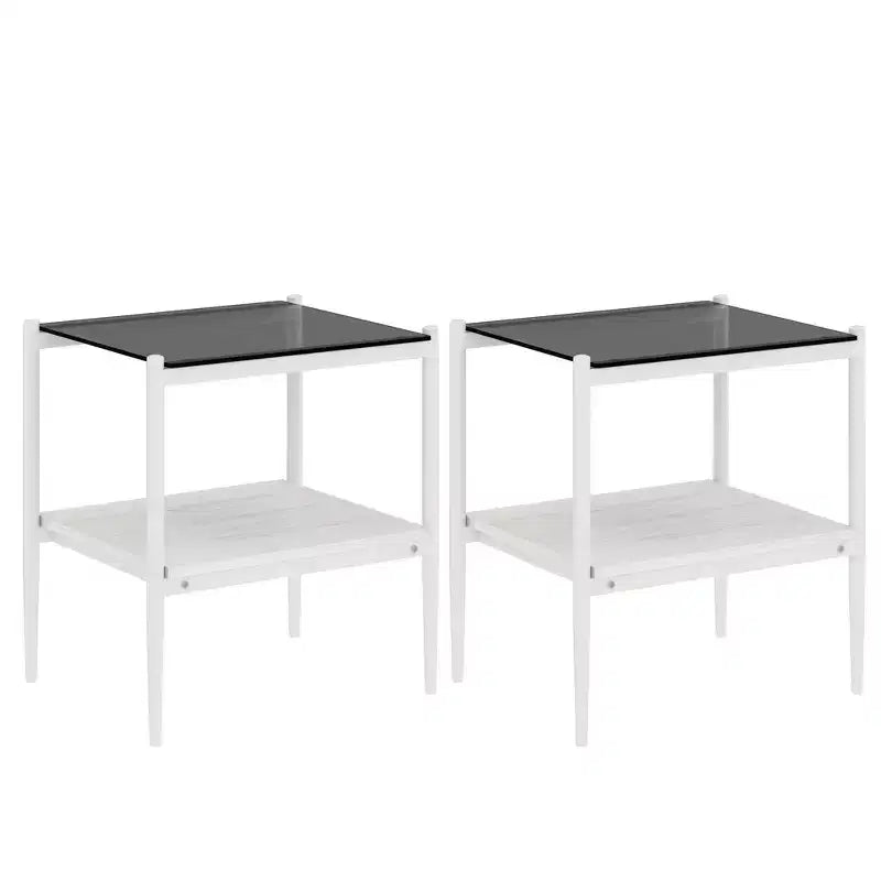 Elegante mesa de centro de vidrio templado de bordes lisos, 2 piezas, mesa auxiliar rectangular moderna con estante abierto para salas pequeñas