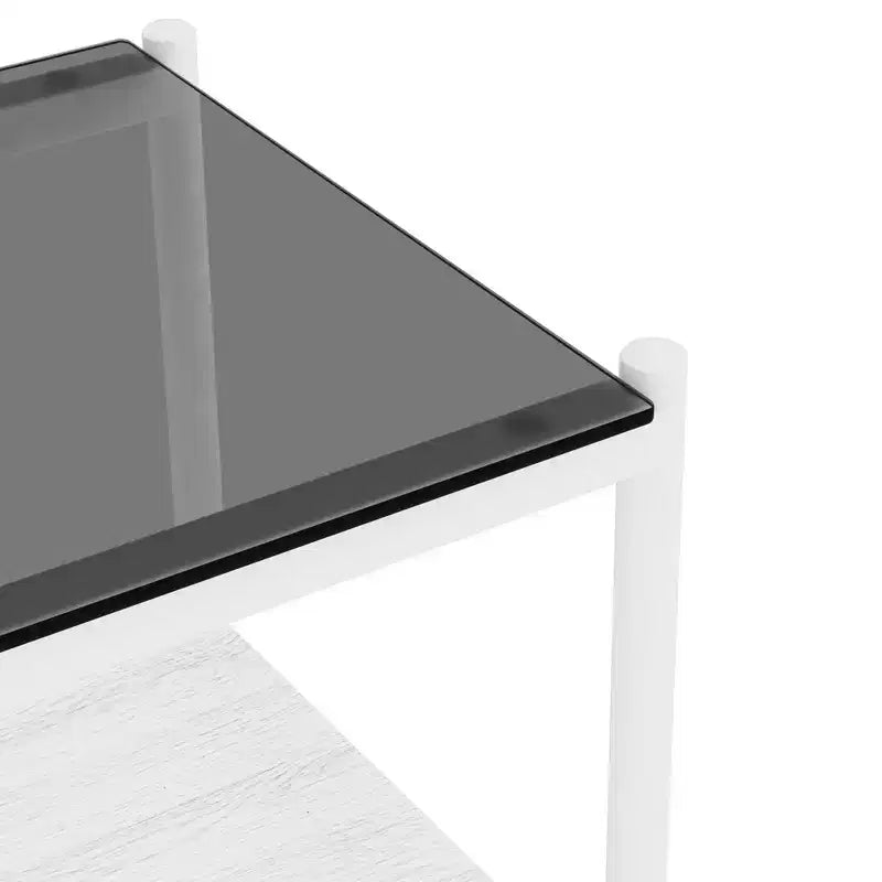 Elegante mesa de centro de vidrio templado de bordes lisos, 2 piezas, mesa auxiliar rectangular moderna con estante abierto para salas pequeñas