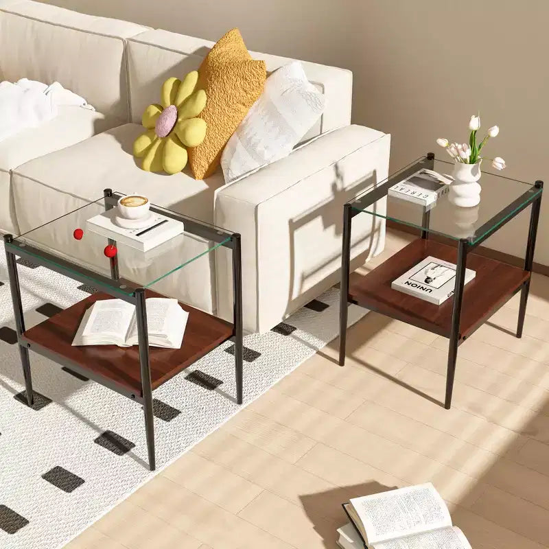 Elegante mesa de centro de vidrio templado de bordes lisos, 2 piezas, mesa auxiliar rectangular moderna con estante abierto para salas pequeñas