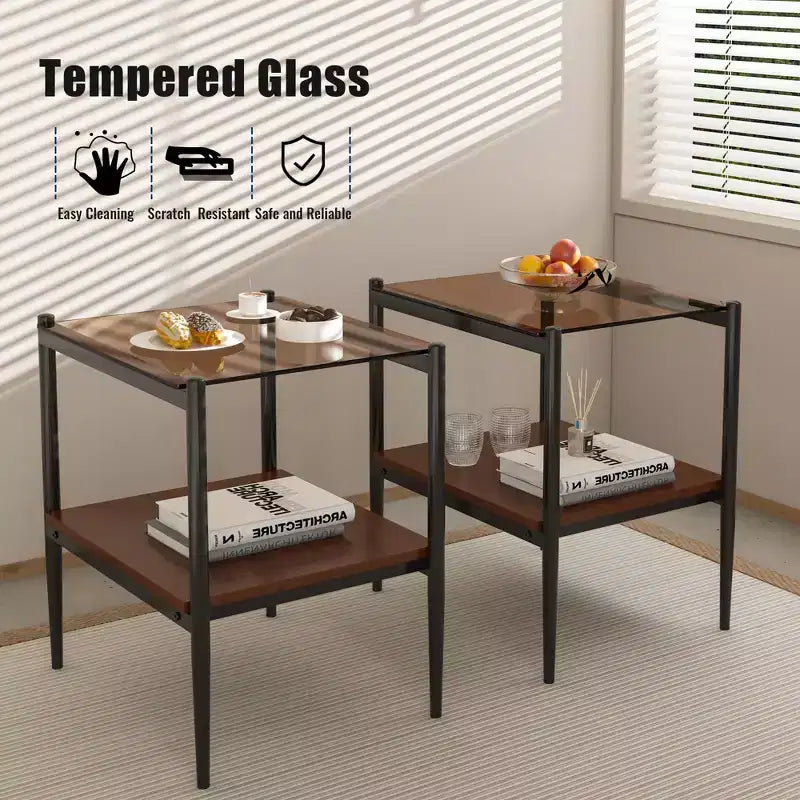 Elegante mesa de centro de vidrio templado de bordes lisos, 2 piezas, mesa auxiliar rectangular moderna con estante abierto para salas pequeñas