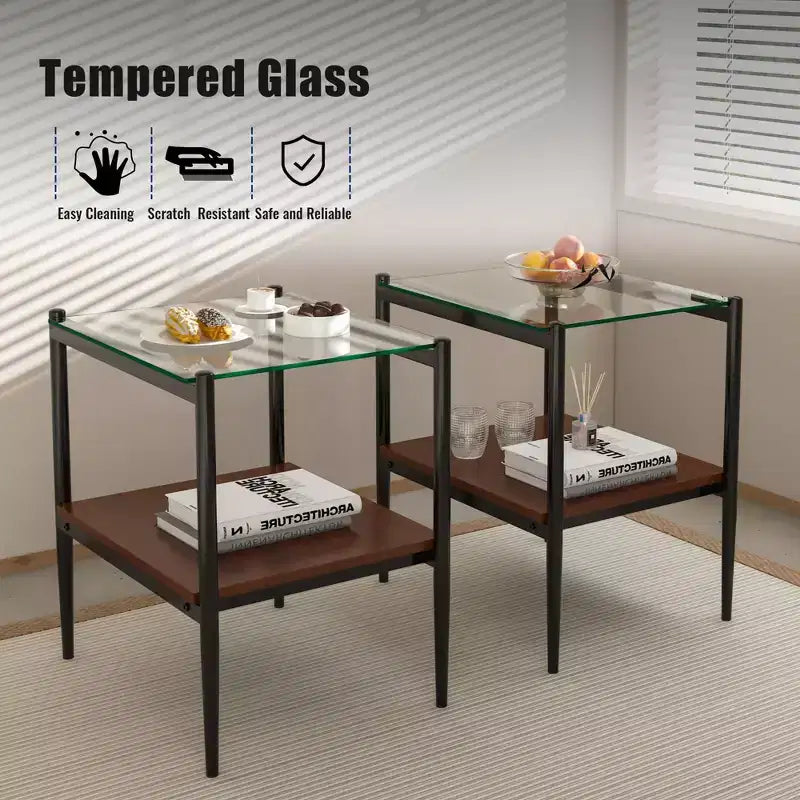Elegante mesa de centro de vidrio templado de bordes lisos, 2 piezas, mesa auxiliar rectangular moderna con estante abierto para salas pequeñas