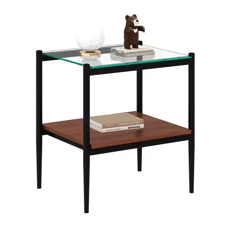 Elegante mesa de centro de vidrio templado de bordes lisos, 2 piezas, mesa auxiliar rectangular moderna con estante abierto para salas pequeñas