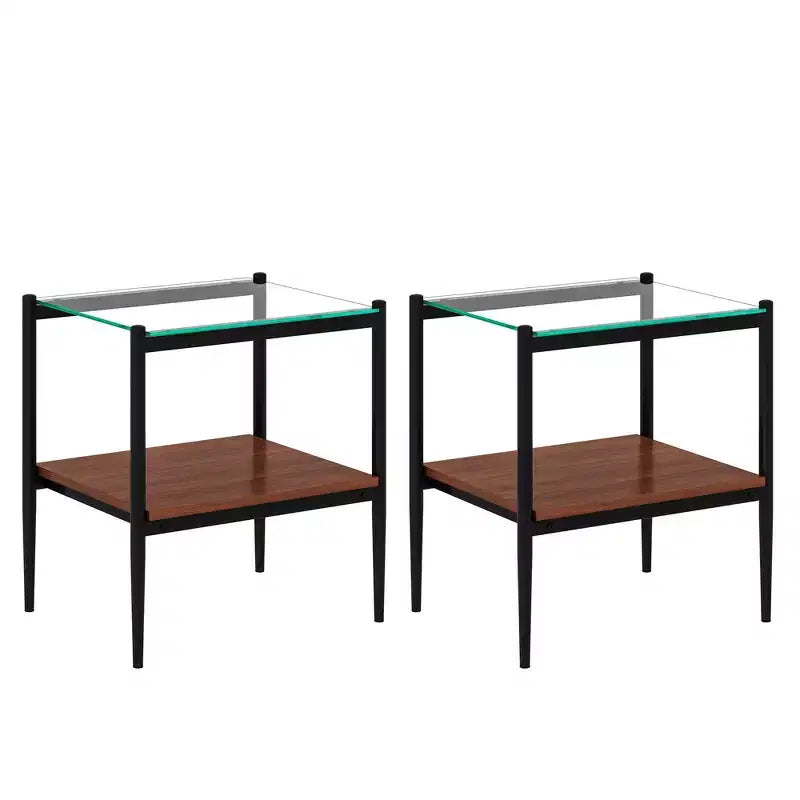 Elegante mesa de centro de vidrio templado de bordes lisos, 2 piezas, mesa auxiliar rectangular moderna con estante abierto para salas pequeñas