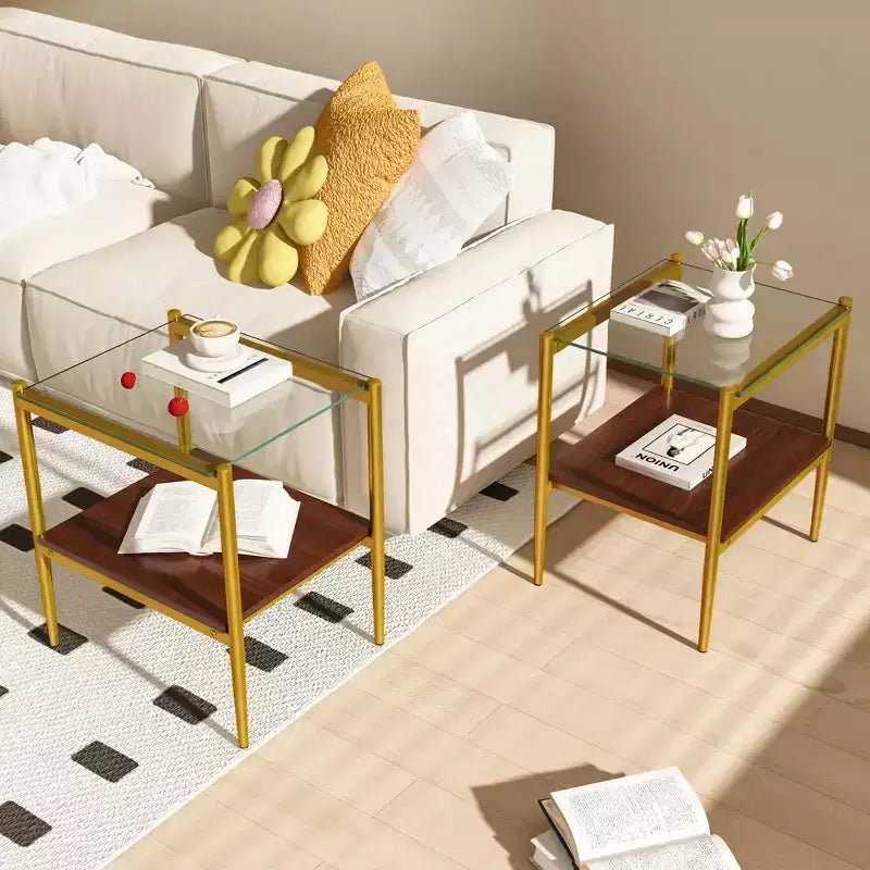 Elegante mesa de centro de vidrio templado de bordes lisos, 2 piezas, mesa auxiliar rectangular moderna con estante abierto para salas pequeñas