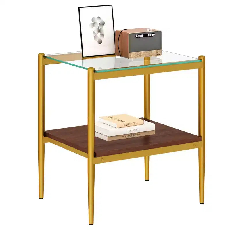 Elegante mesa de centro de vidrio templado de bordes lisos, 2 piezas, mesa auxiliar rectangular moderna con estante abierto para salas pequeñas