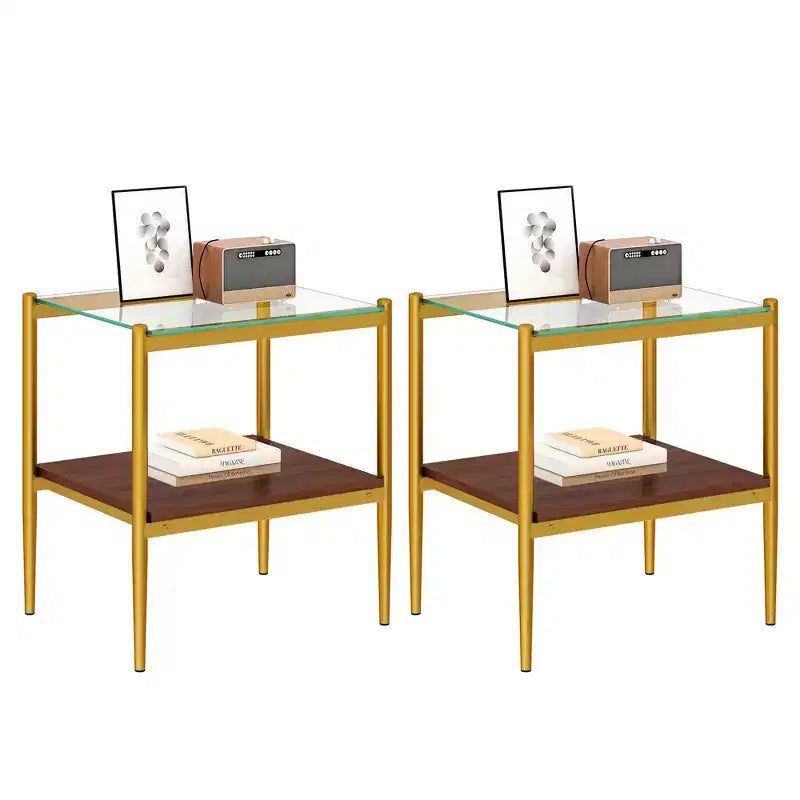 Elegante mesa de centro de vidrio templado de bordes lisos, 2 piezas, mesa auxiliar rectangular moderna con estante abierto para salas pequeñas