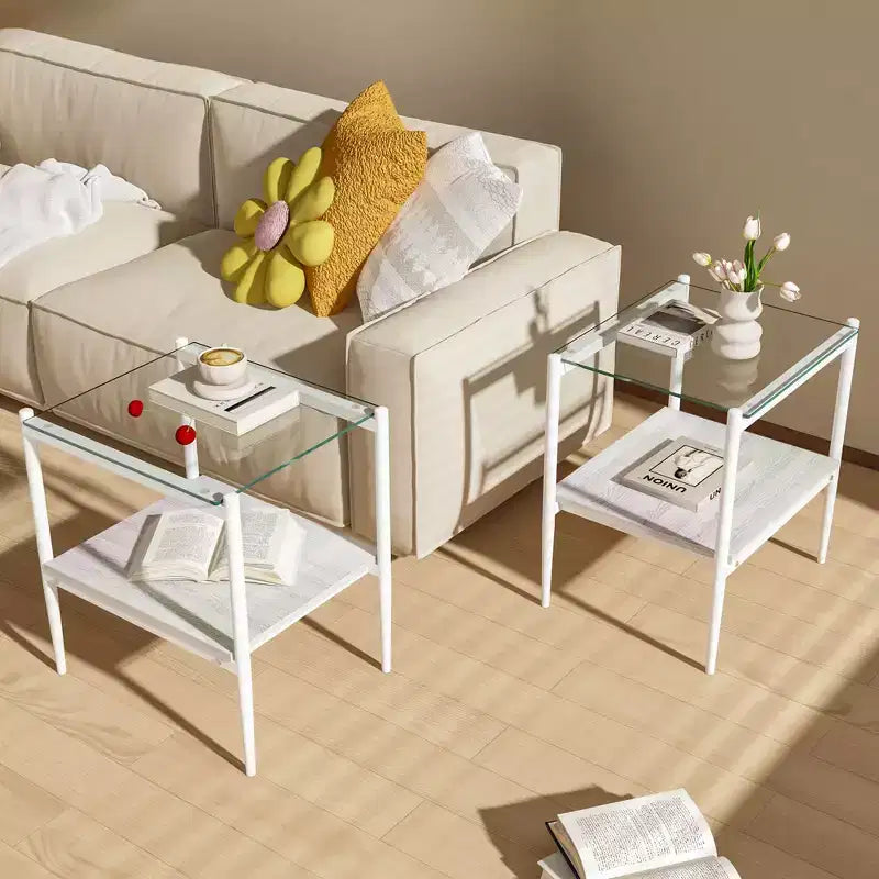 Elegante mesa de centro de vidrio templado de bordes lisos, 2 piezas, mesa auxiliar rectangular moderna con estante abierto para salas pequeñas