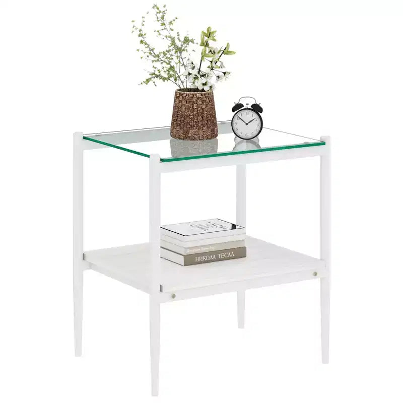 Elegante mesa de centro de vidrio templado de bordes lisos, 2 piezas, mesa auxiliar rectangular moderna con estante abierto para salas pequeñas