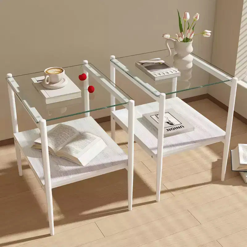 Elegante mesa de centro de vidrio templado de bordes lisos, 2 piezas, mesa auxiliar rectangular moderna con estante abierto para salas pequeñas