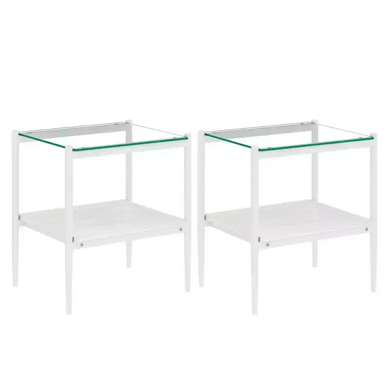 Elegante mesa de centro de vidrio templado de bordes lisos, 2 piezas, mesa auxiliar rectangular moderna con estante abierto para salas pequeñas