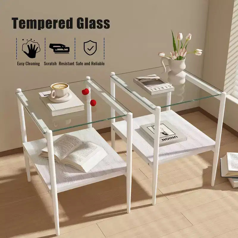 Elegante mesa de centro de vidrio templado de bordes lisos, 2 piezas, mesa auxiliar rectangular moderna con estante abierto para salas pequeñas