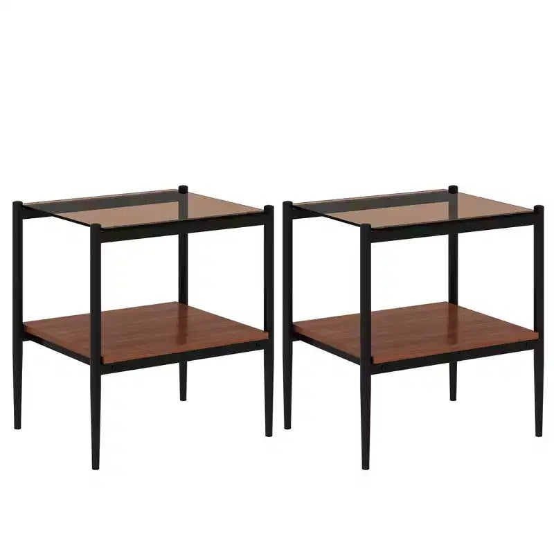 Elegante mesa de centro de vidrio templado de bordes lisos, 2 piezas, mesa auxiliar rectangular moderna con estante abierto para salas pequeñas