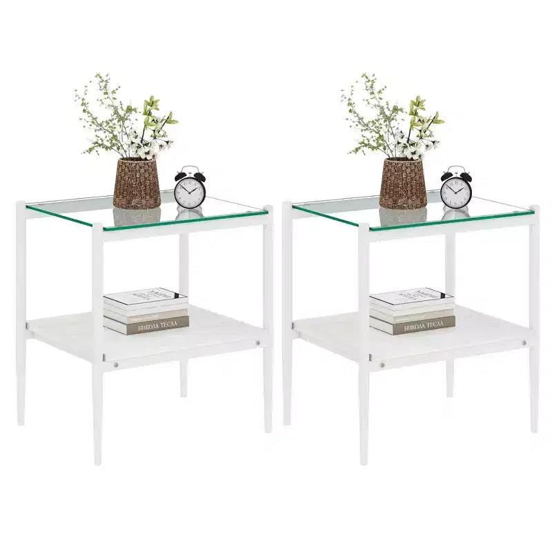 Elegante mesa de centro de vidrio templado de bordes lisos, 2 piezas, mesa auxiliar rectangular moderna con estante abierto para salas pequeñas