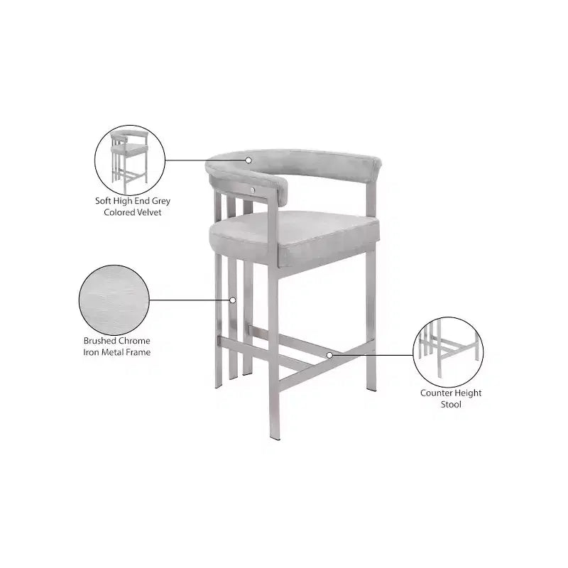 Taburete de mostrador de terciopelo gris, juego de 2