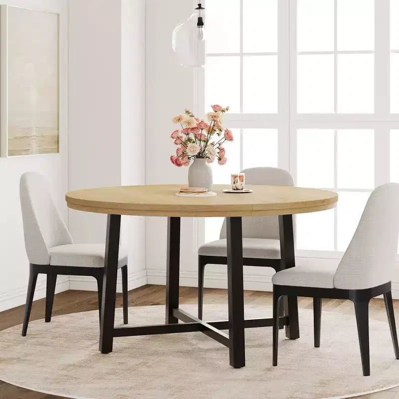 Table de salle à manger industrielle ronde de 47 pour 4 à 6 personnes, table de cuisine circulaire en bois avec solide piètement en métal et finition rustique, pour salle à manger et cuisine