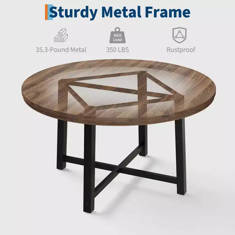 Table de salle à manger industrielle ronde de 47 pour 4 à 6 personnes, table de cuisine circulaire en bois avec solide piètement en métal et finition rustique, pour salle à manger et cuisine