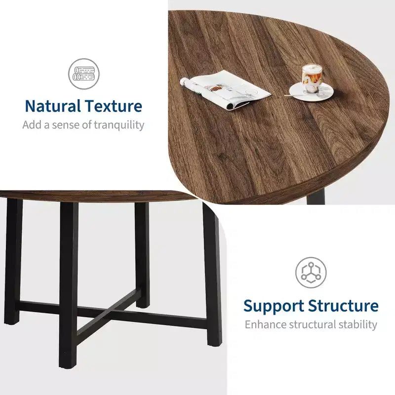 Table de salle à manger industrielle ronde de 47 pour 4 à 6 personnes, table de cuisine circulaire en bois avec solide piètement en métal et finition rustique, pour salle à manger et cuisine