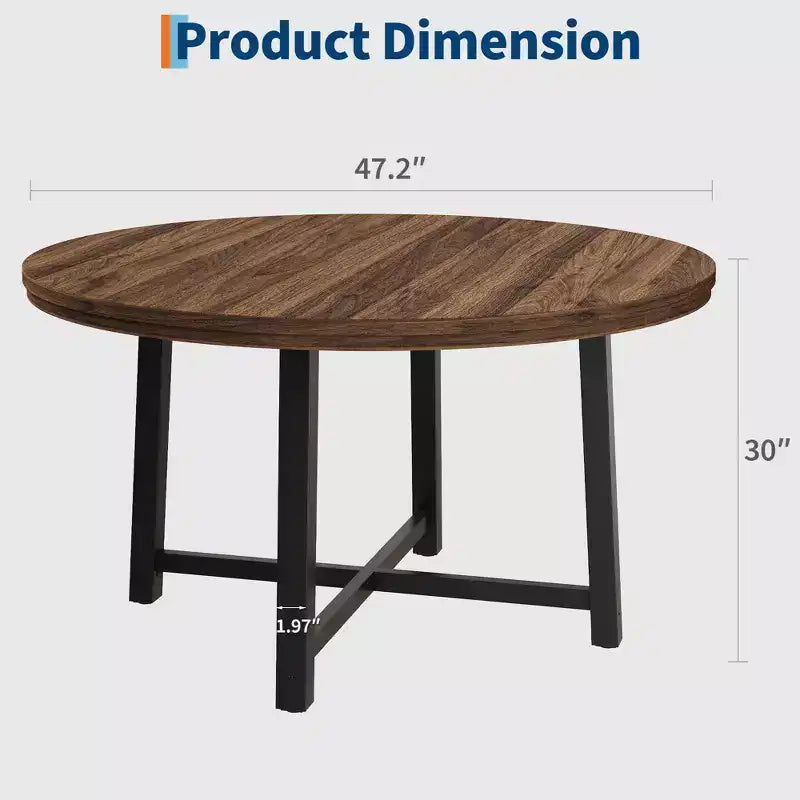 Table de salle à manger industrielle ronde de 47 pour 4 à 6 personnes, table de cuisine circulaire en bois avec solide piètement en métal et finition rustique, pour salle à manger et cuisine