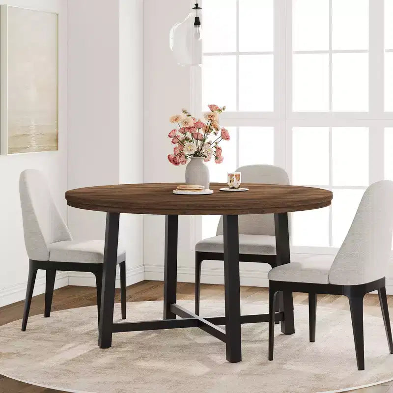 Table de salle à manger industrielle ronde de 47 pour 4 à 6 personnes, table de cuisine circulaire en bois avec solide piètement en métal et finition rustique, pour salle à manger et cuisine