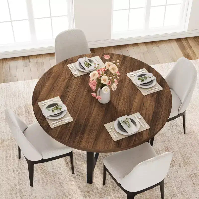 Table de salle à manger industrielle ronde de 47 pour 4 à 6 personnes, table de cuisine circulaire en bois avec solide piètement en métal et finition rustique, pour salle à manger et cuisine
